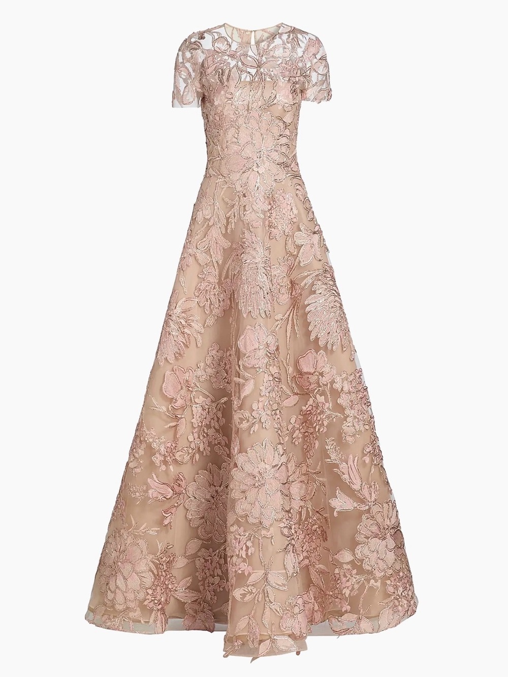 Naeem Khan Women’s Floral-Embroidered Raffia Short Sleeve Gown in Pink / Multi